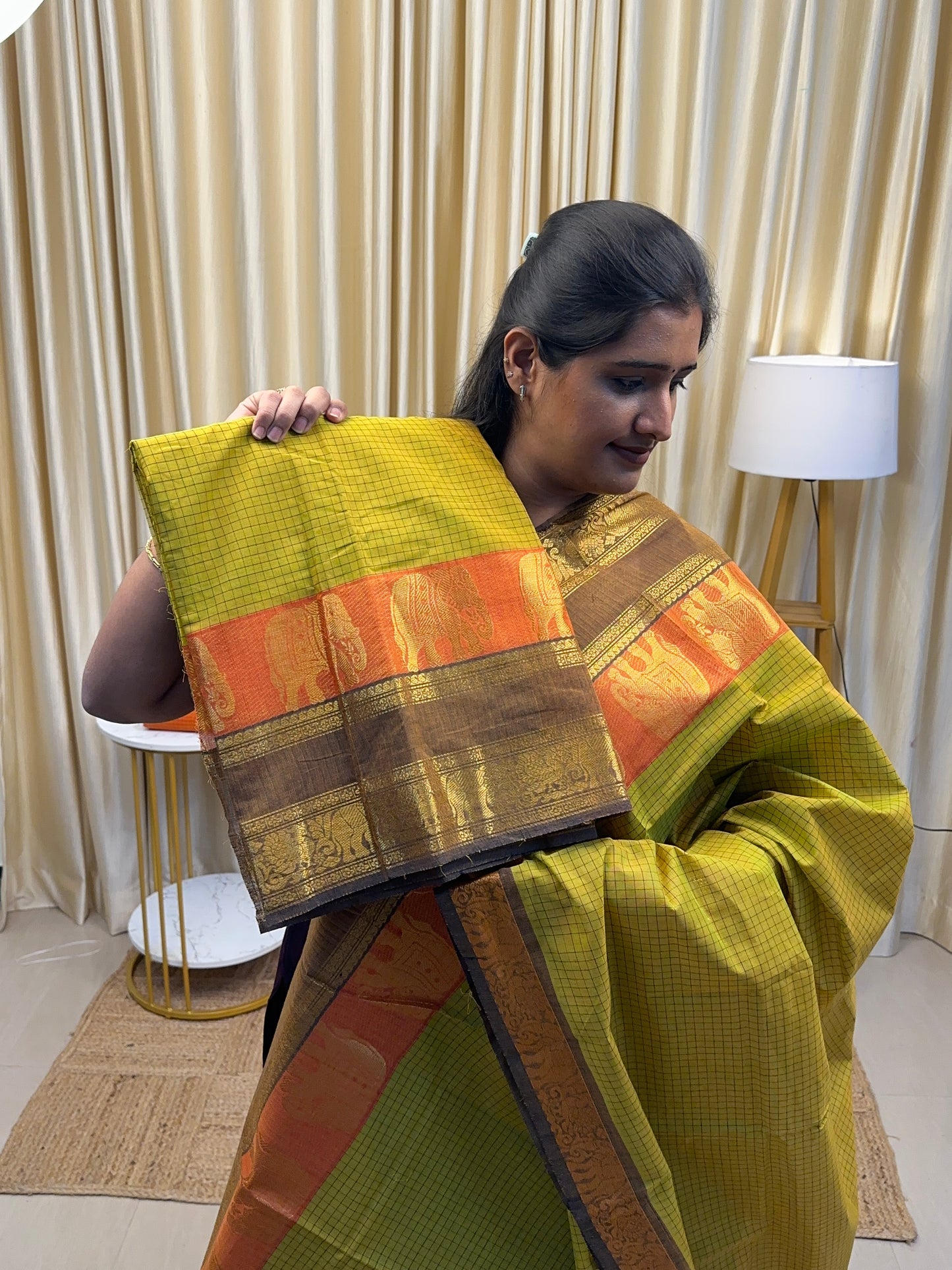 Lime green elephant checks Chettinad cotton