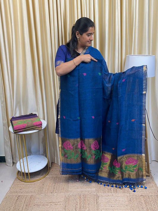Linen Paithani Jamdhani Rose[Handwork]-Blue