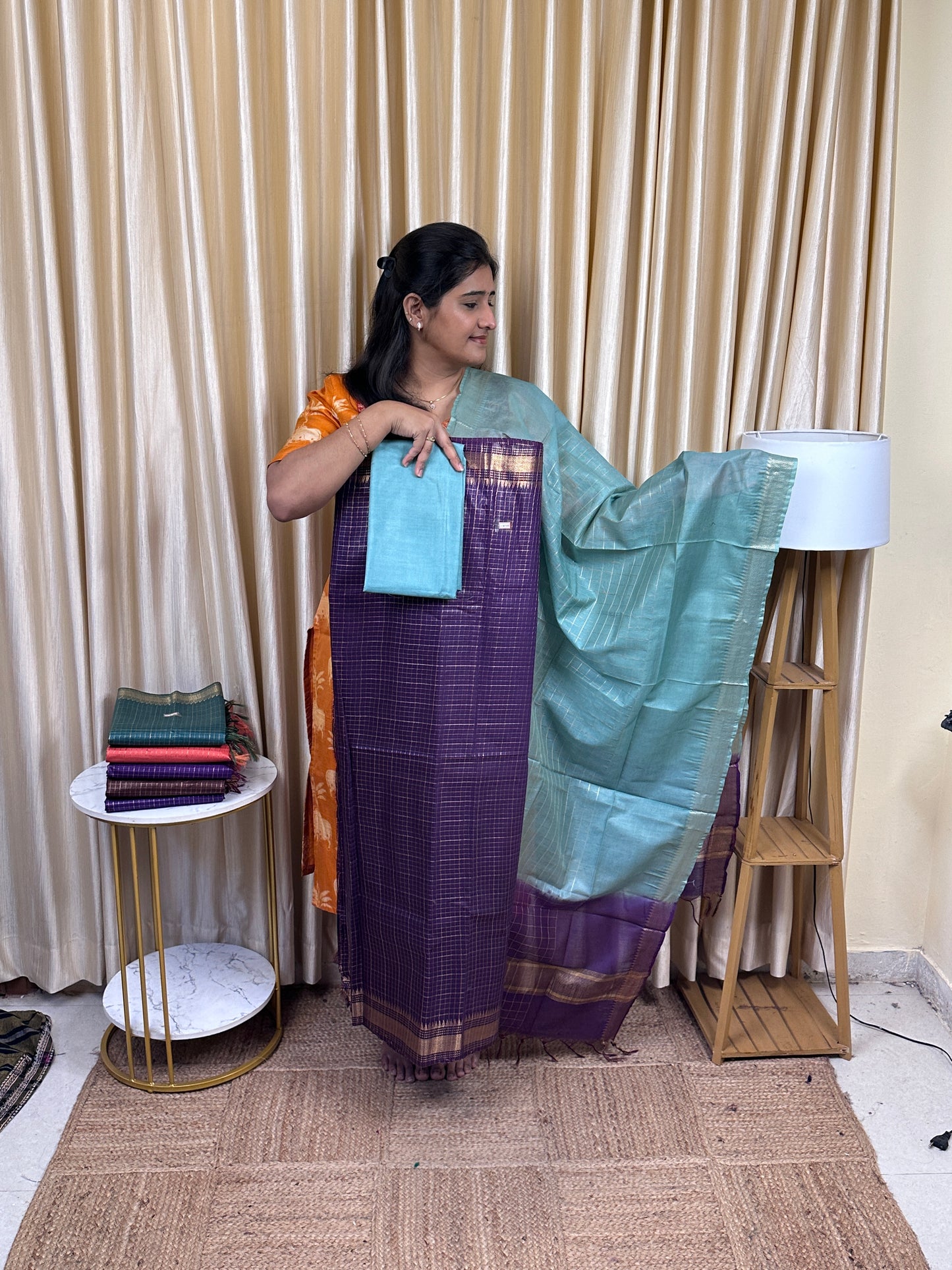 Mangalgiri Mini check silk cotton 3 piece set -MCH1