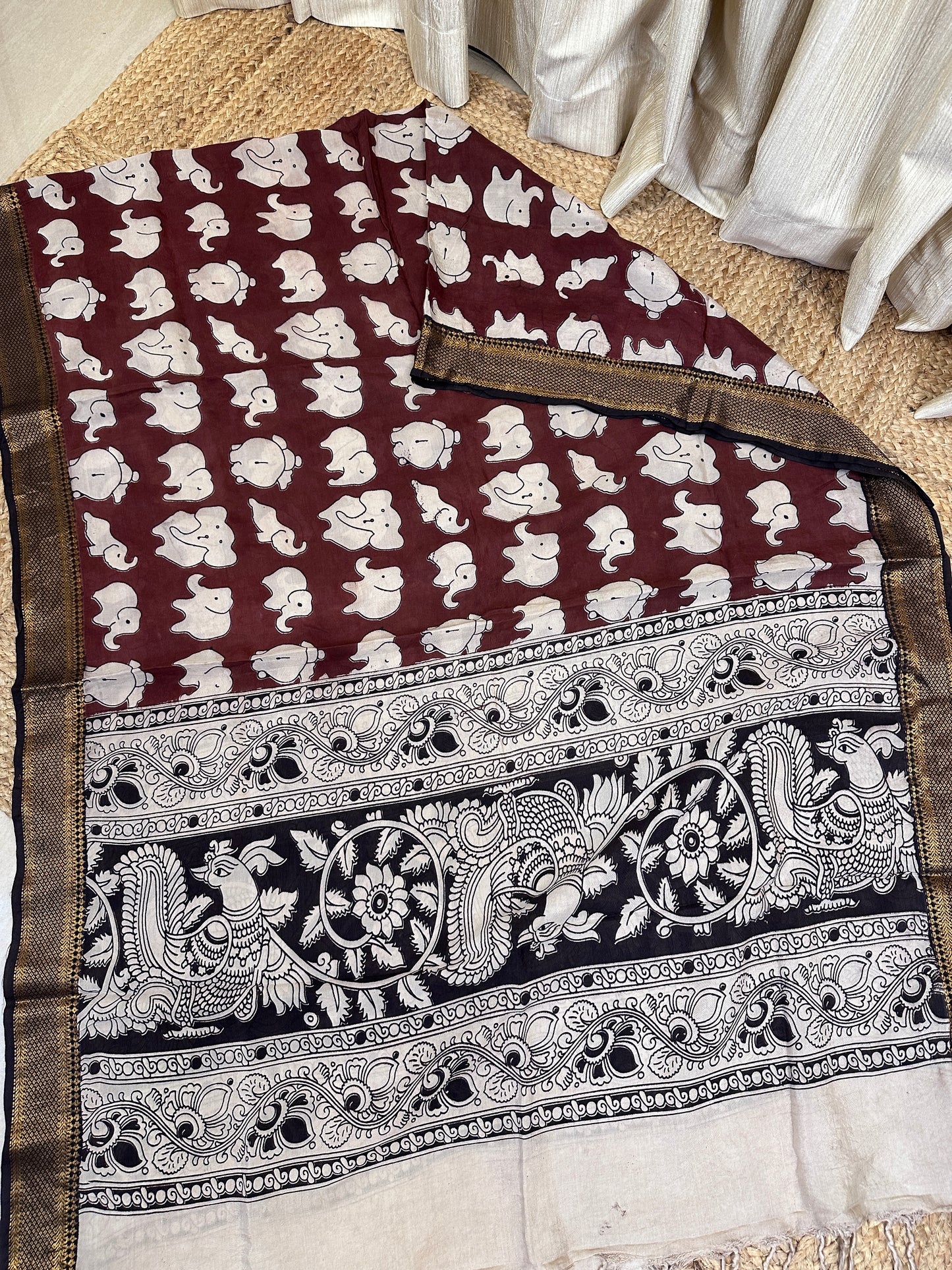 Chennuri silk Kalamkari duppata Elephant -Coffee brown