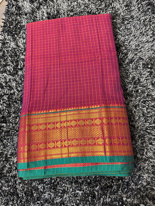 Narayanpet Royal border checks fabric 1 meter cut  - Magenta