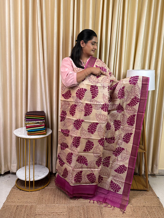 Pure handloom Tussar silk hand block printed dress material-TSB 2