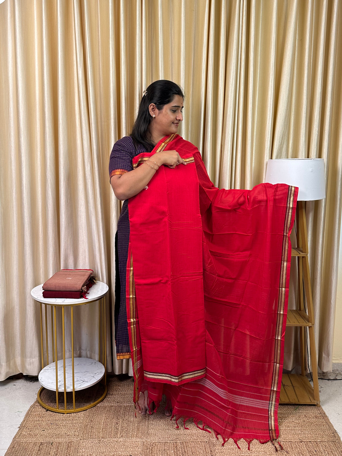 Narayanpet  small border Dress material (4.5m Top) Red -Nila 12