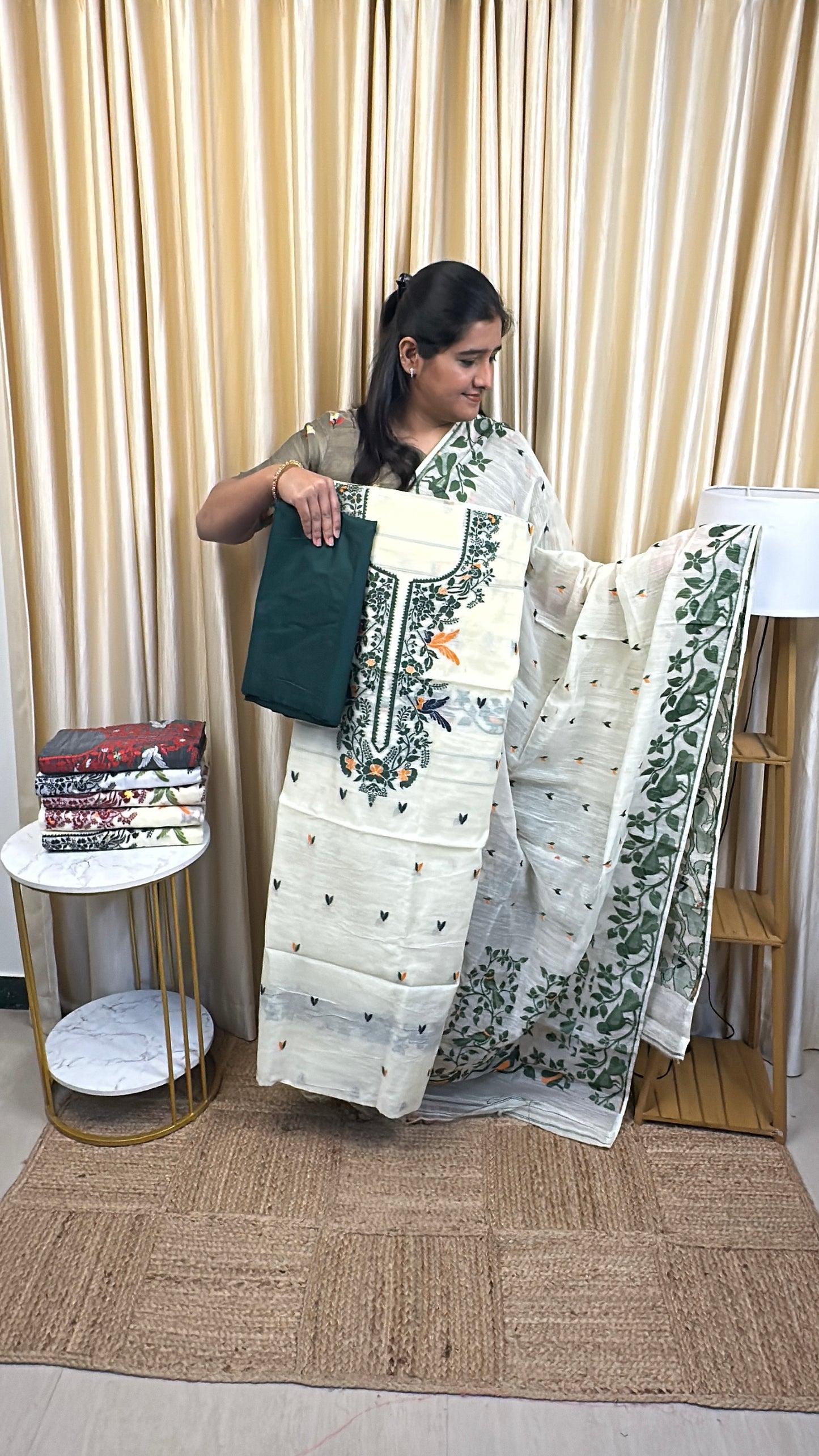 Jamdhani 3 piece set silk cotton (handwork) -JAL3
