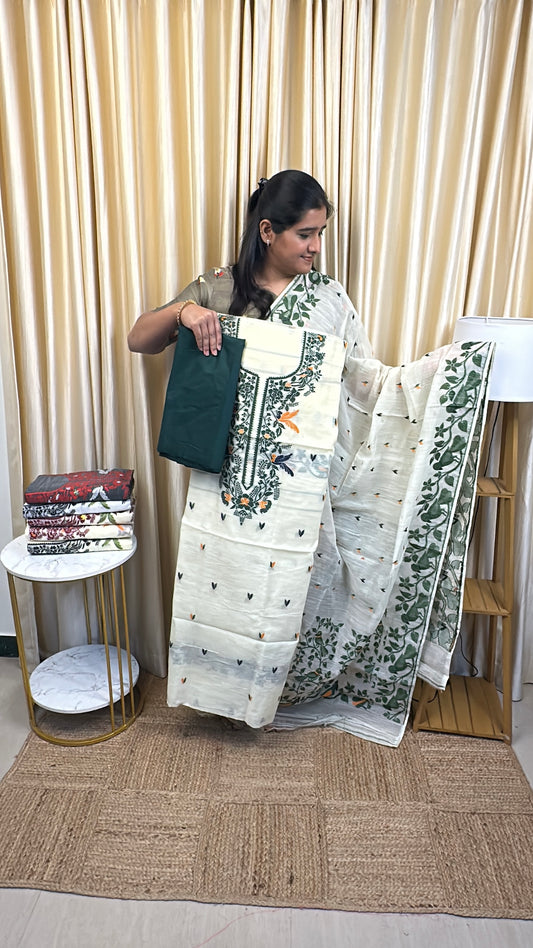 Jamdhani 3 piece set silk cotton (handwork) -JAL3