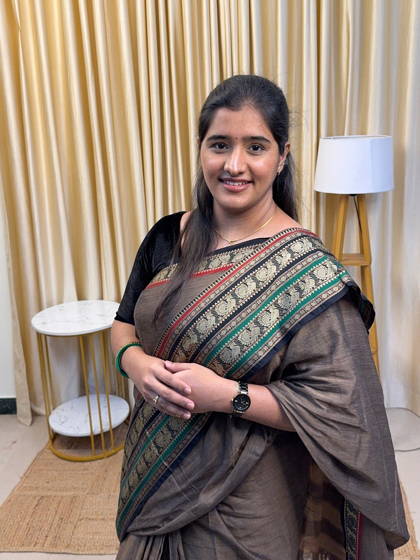 Narayanpet peacock border saree with running blouse - bronze black