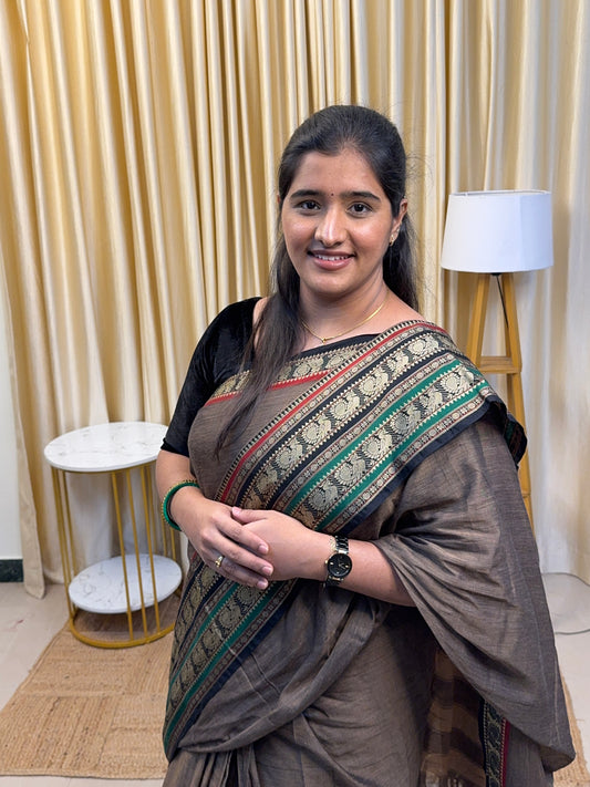 Narayanpet peacock border saree with running blouse - bronze black