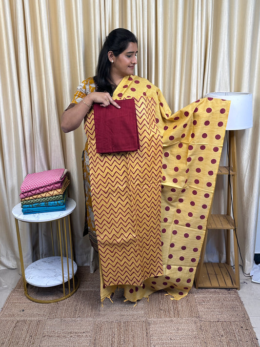 Jute by cotton block printed 3 piece set- JTC 4