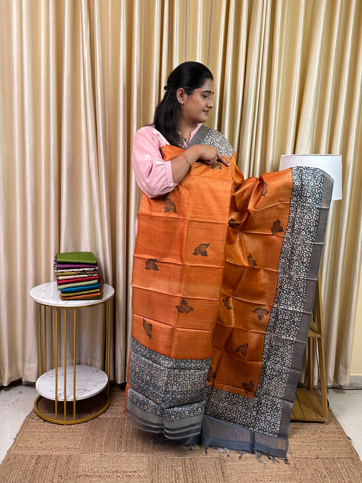 Pure handloom Tussar silk hand block printed dress material-TSB 4