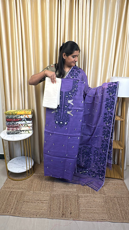 Jamdhani 3 piece set silk cotton (handwork) -JAL1