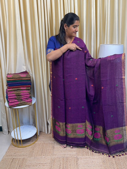 Linen Paithani Jamdhani Sunflower [Handwork]-Purple