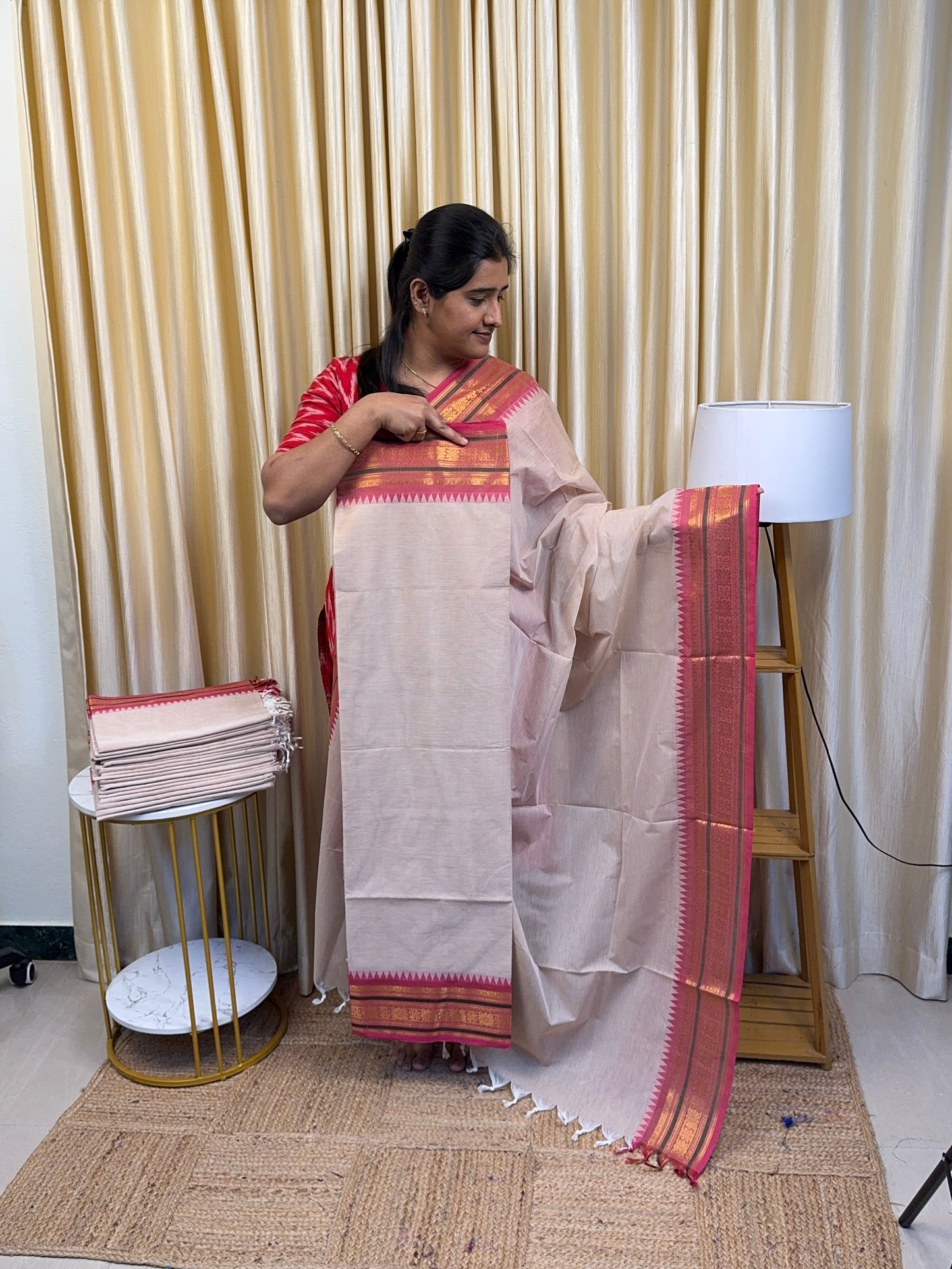 Beige and pink Chettinad cotton 2piece set