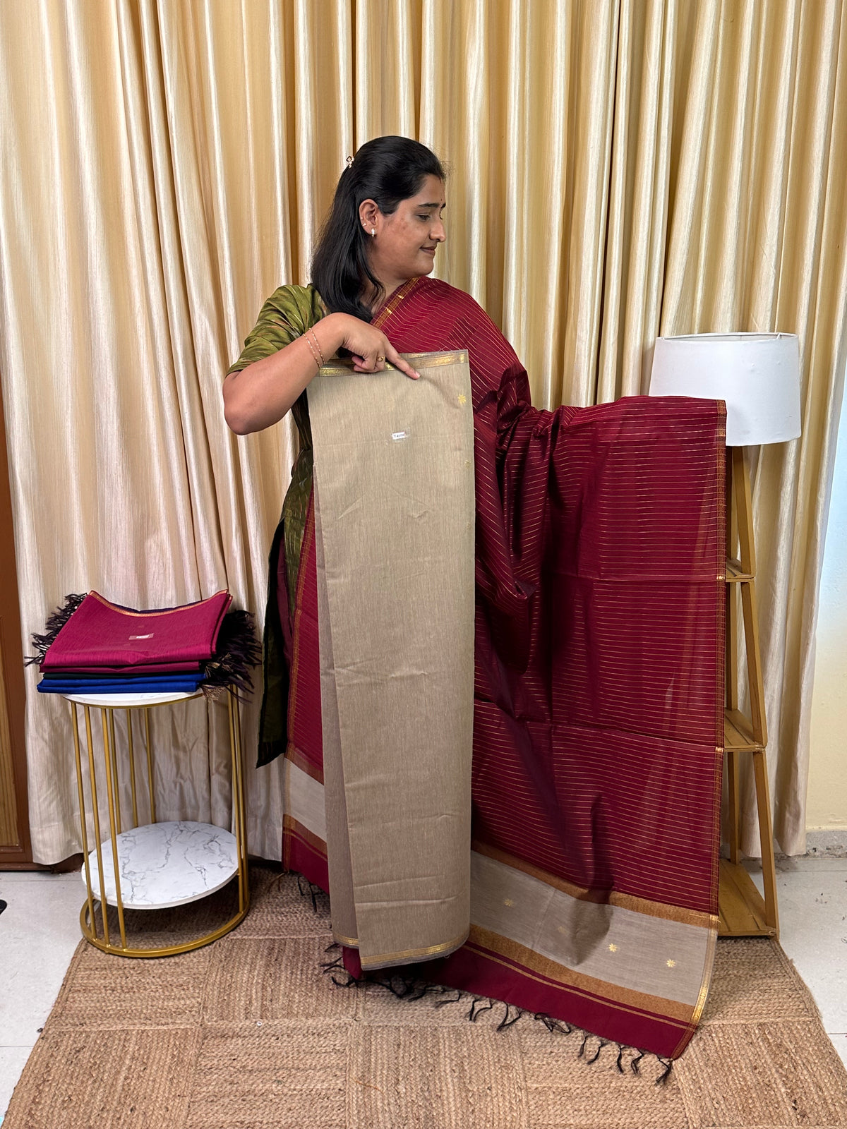 Maheswari silk cotton  stripes duppatta 2 piece set- MSTP1