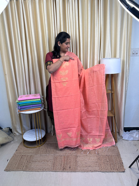 Kadhi cotton 2 piece dress material (Butterfly)-  Peach