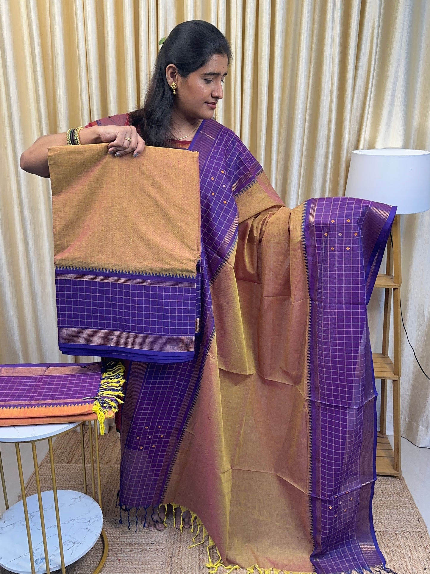 Dual yellow and violet Chettinad checked border