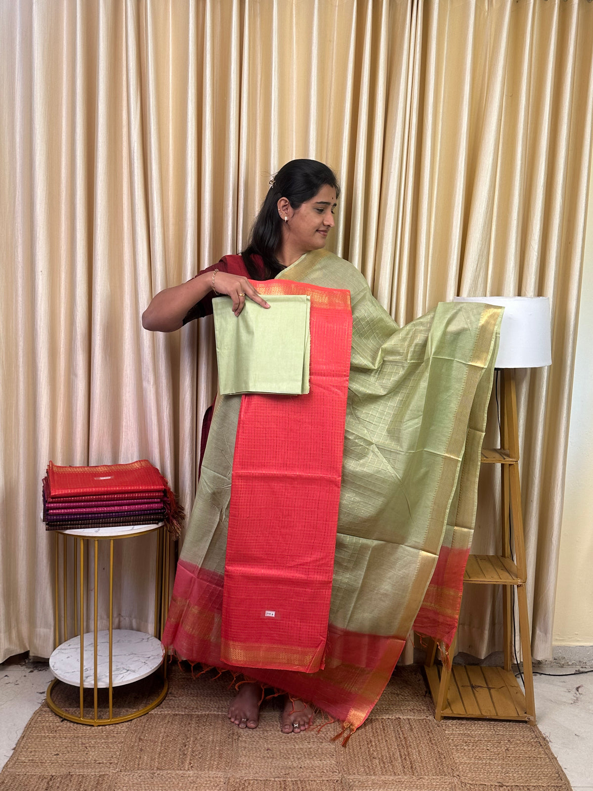 Mangalgiri Mini check silk cotton 3 piece set - SCH4