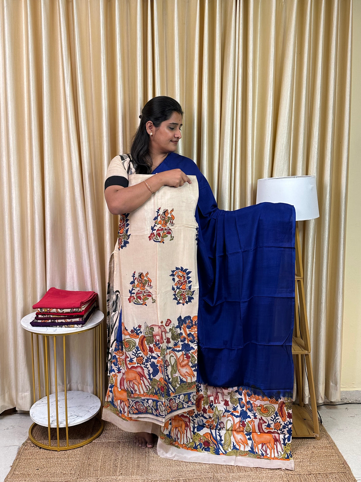 Kalamkari block printed Banglore silk 2 piece set-BSK1