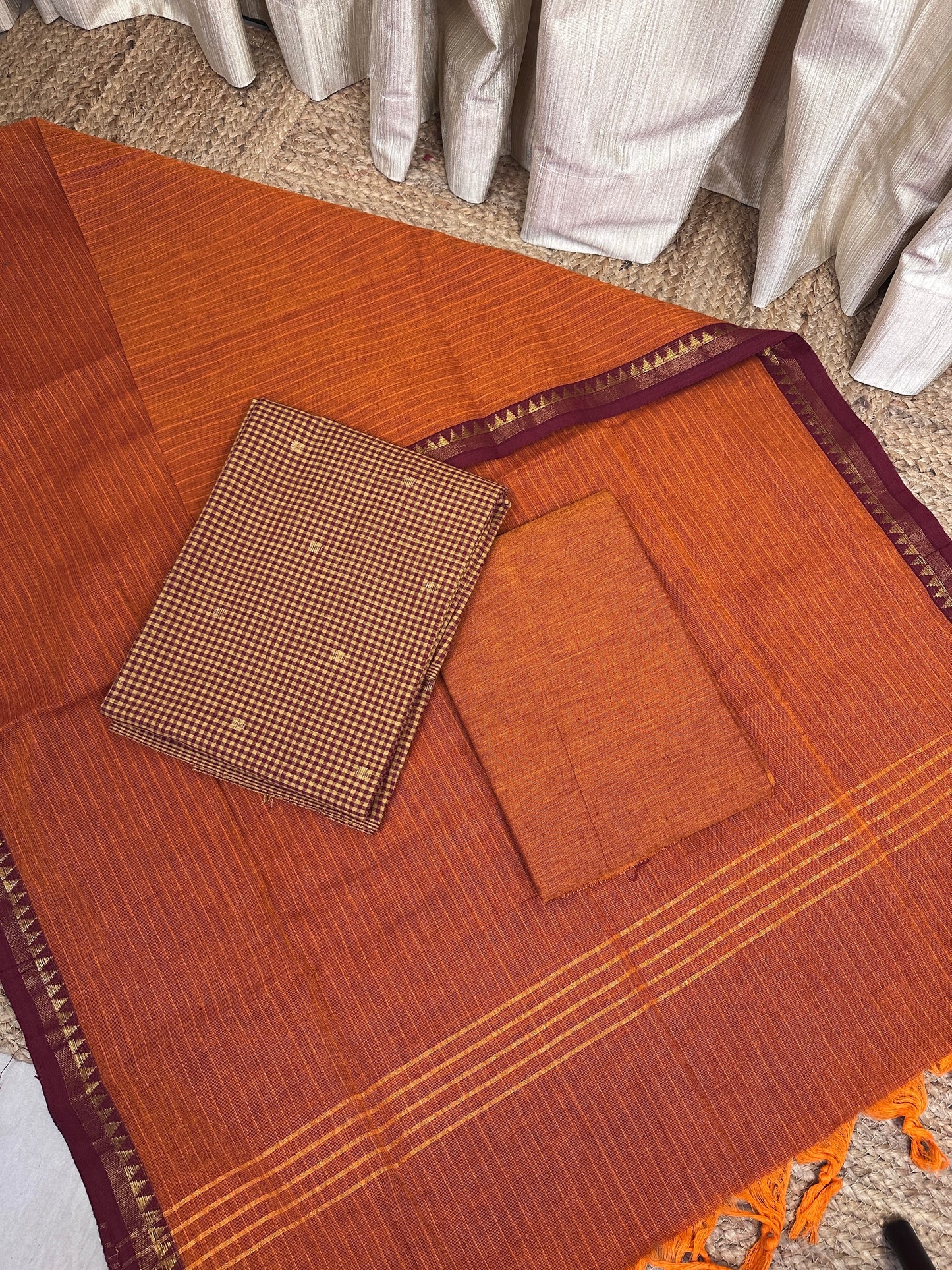 Kandangi check -South cotton 3 piece set- Rustic maroon