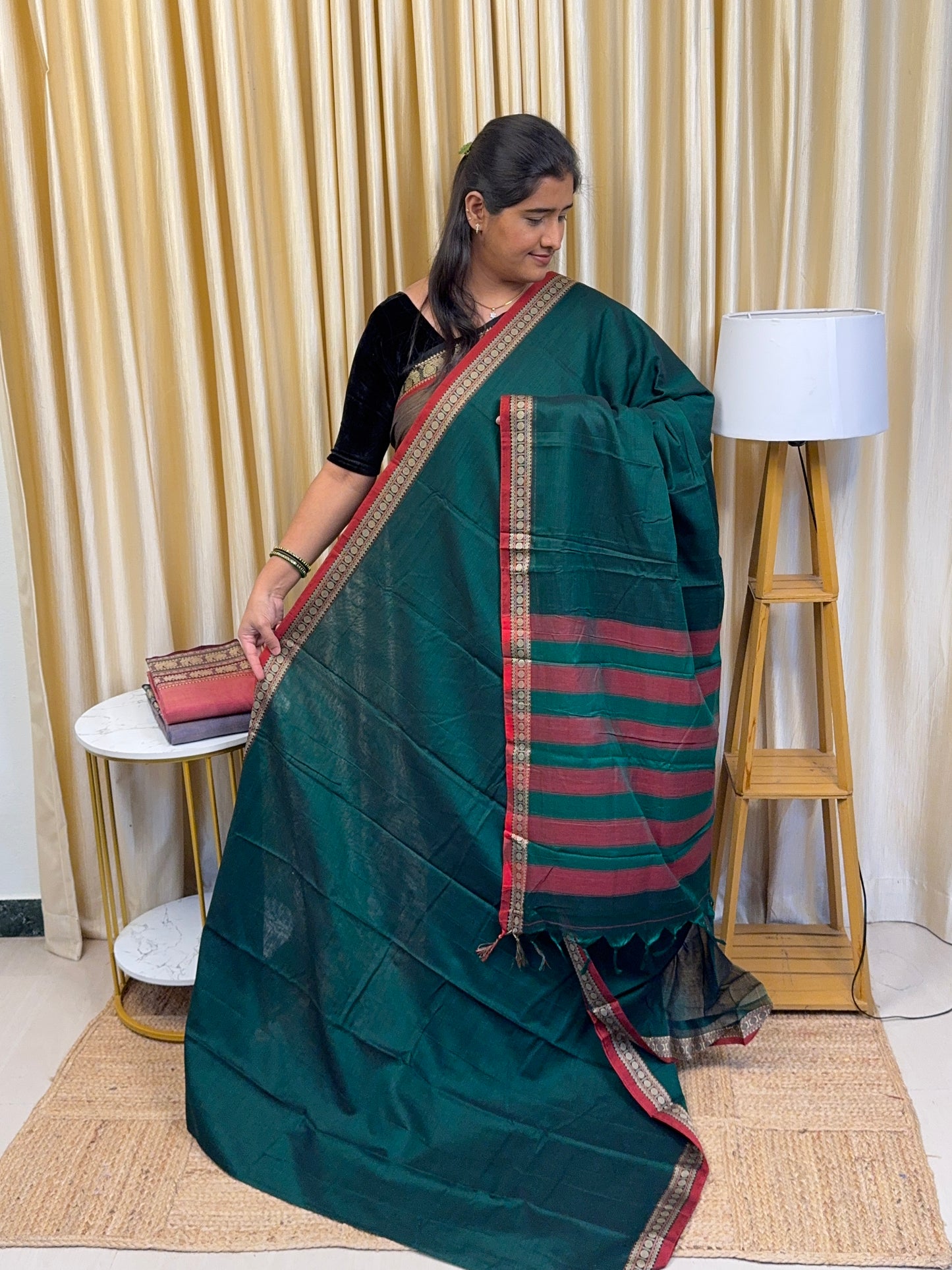 Narayanpet saree coin border with running blouse - bottle green