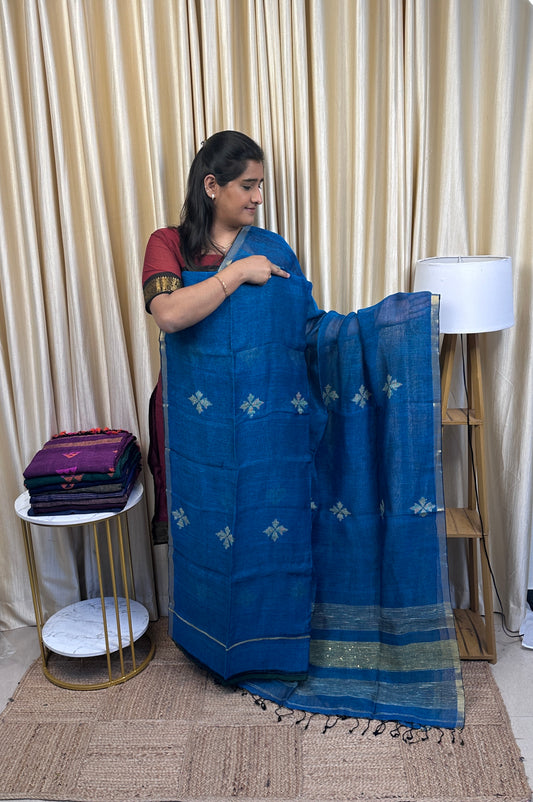 Linen Jamdhani Handwork coastal blue -Sira 4