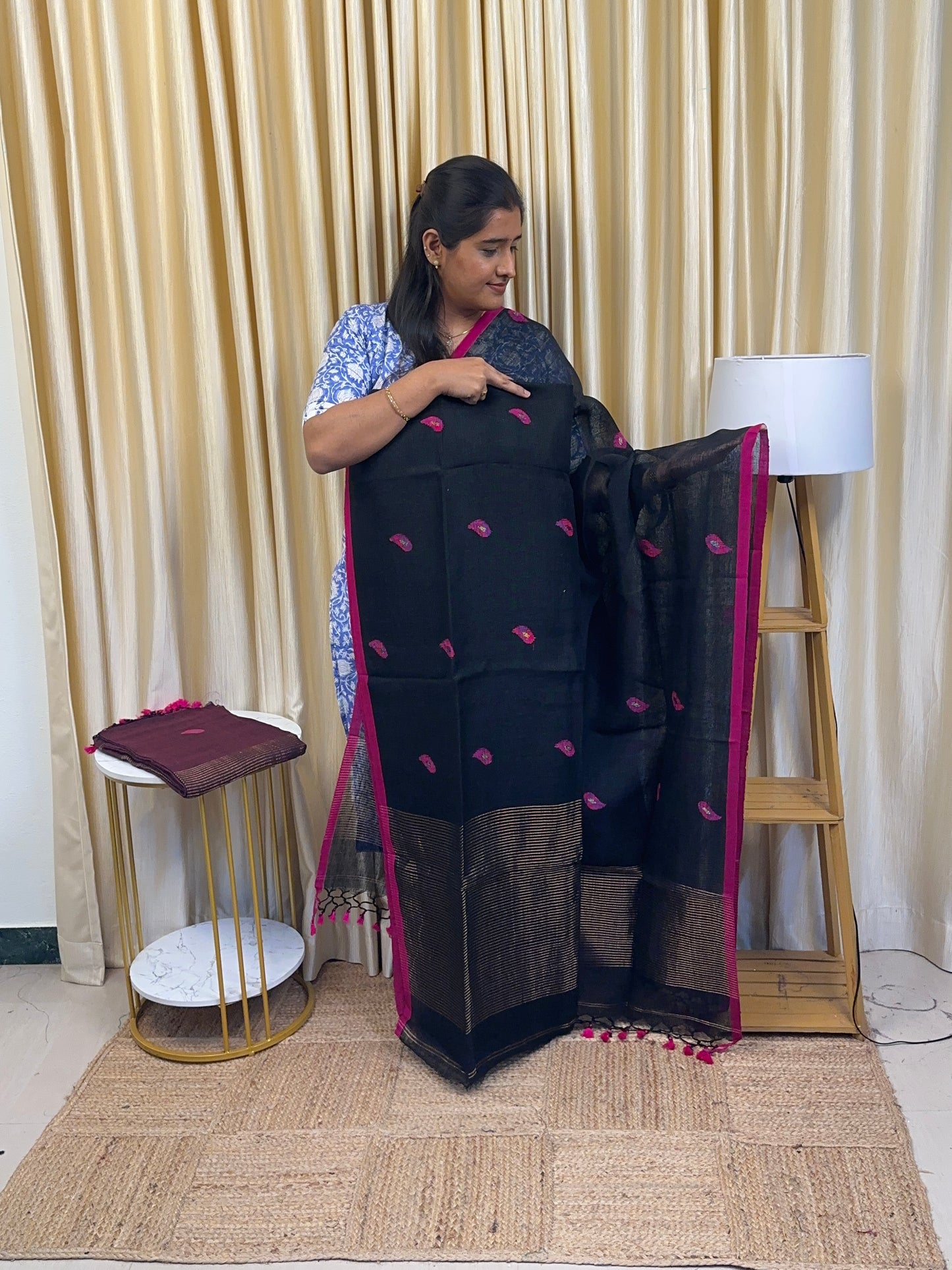 ZARA  Leaf Linen Jamdhani [handwork ] -  Golden black