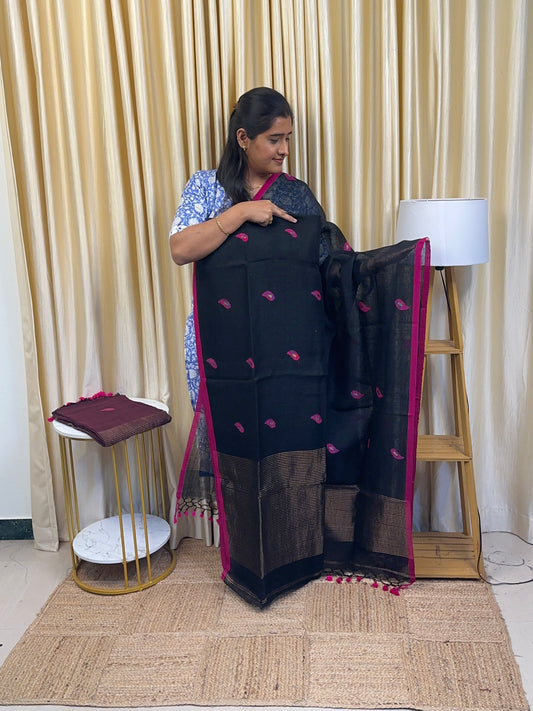 ZARA  Leaf Linen Jamdhani [handwork ] -  Golden black