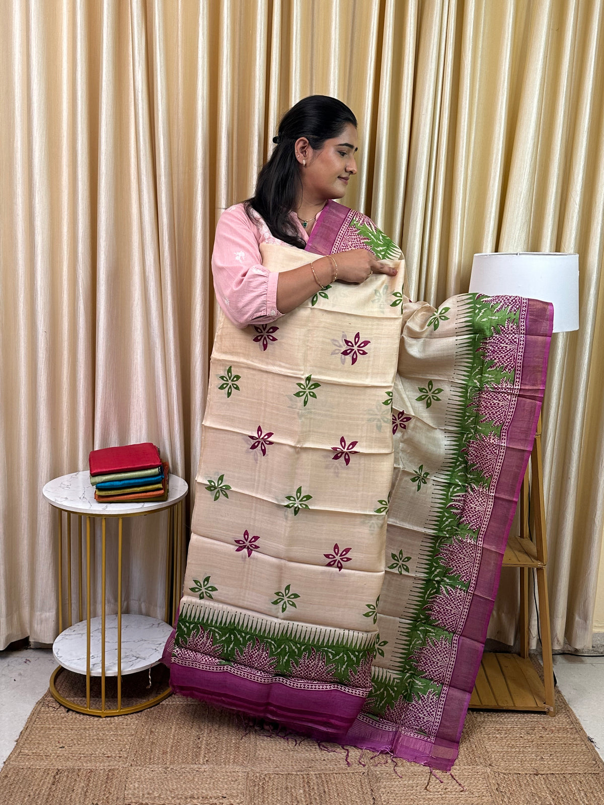 Pure handloom Tussar silk hand block printed dress material-TSB 9