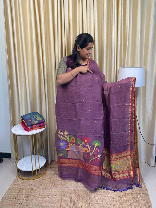 Heavy Linen Paithani Jamdhani-Dusty Lavender