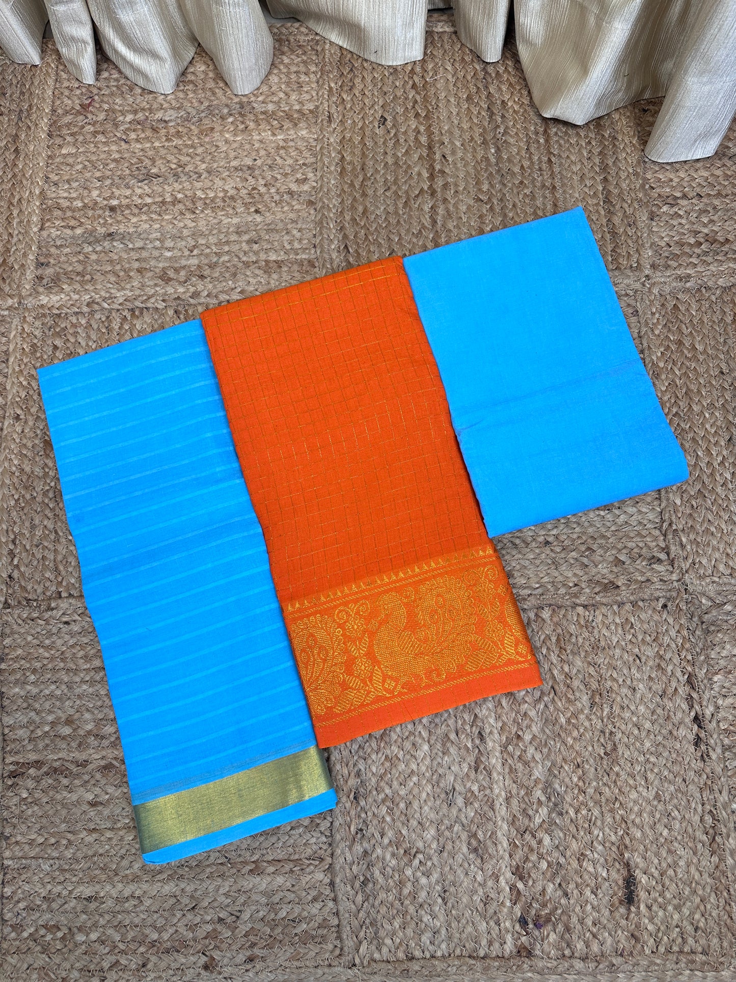 Madurai Sungudi 3 piece set(zari kattam Orange with sea blue)-MS13