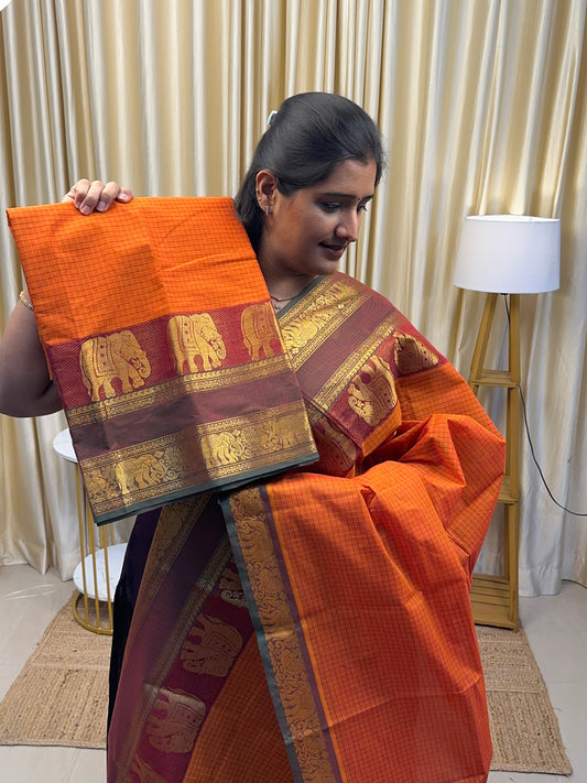 Rust orange elephant checks Chettinad cotton