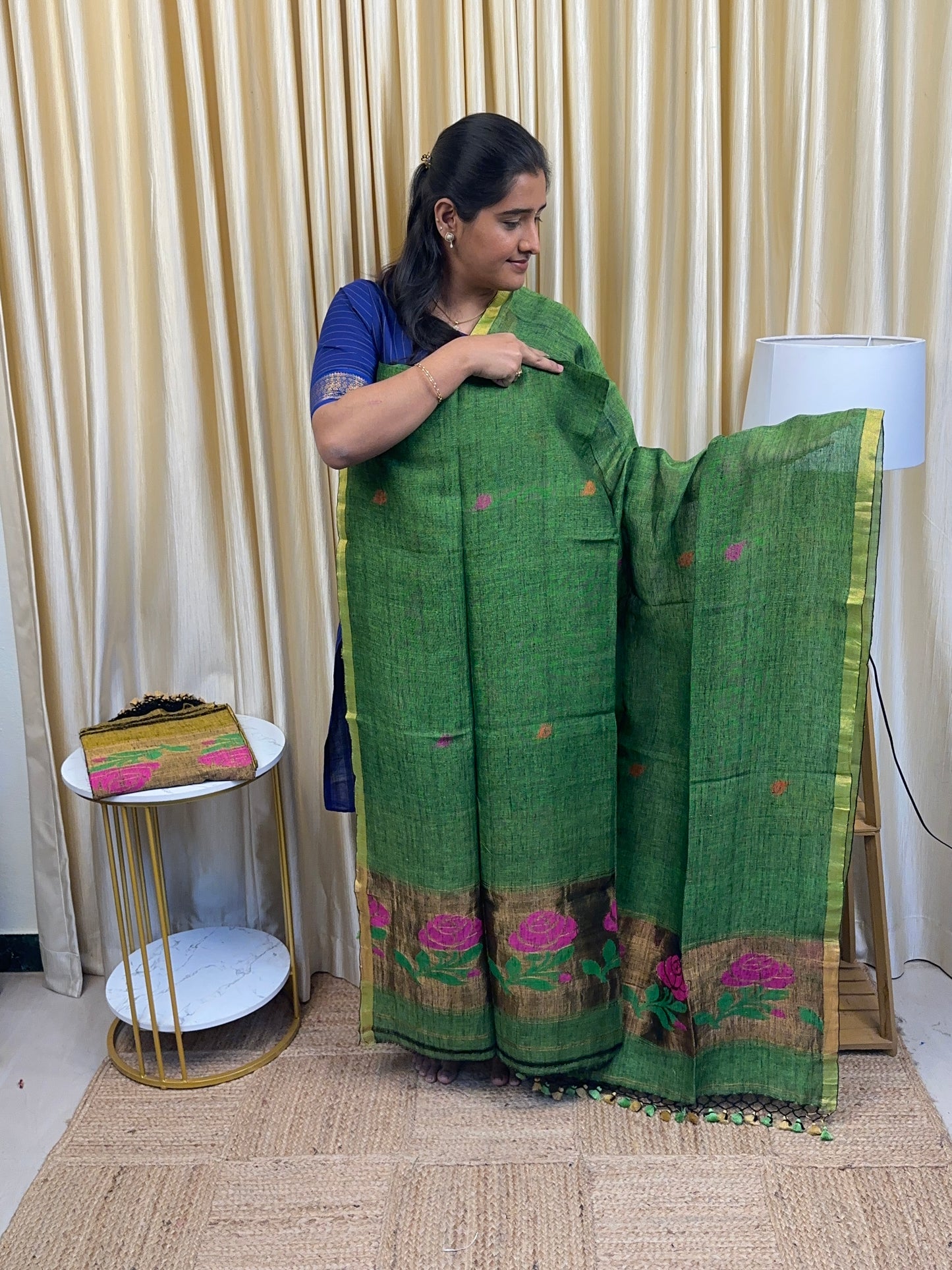 Linen Paithani Jamdhani Rose[Handwork]-Green