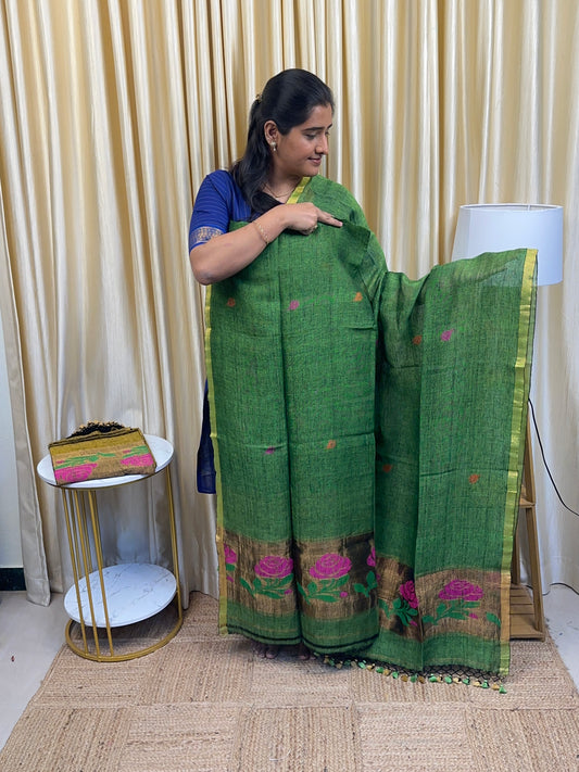 Linen Paithani Jamdhani Rose[Handwork]-Green