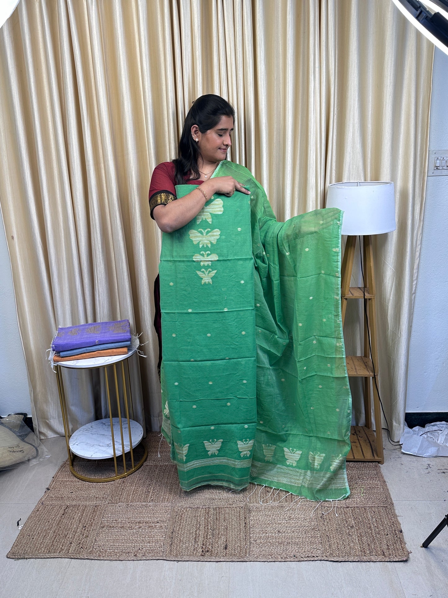 Kadhi cotton 2 piece dress material (Butterfly)- Green