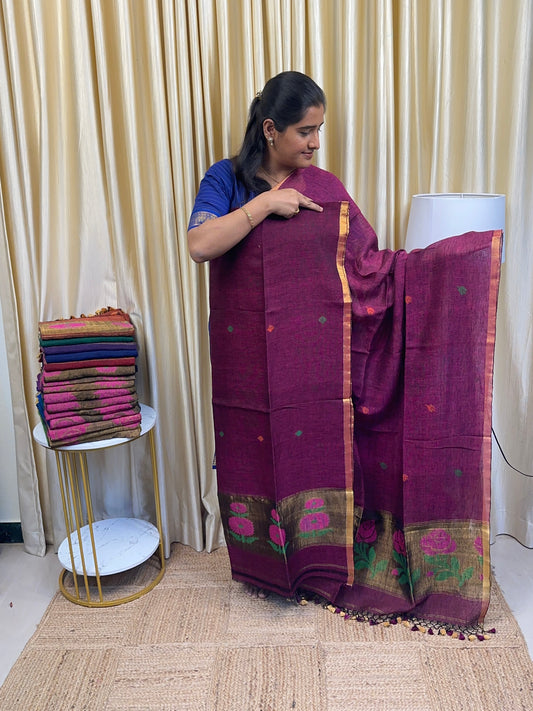 Linen Paithani Jamdhani Sunflower [Handwork]-Beetroot