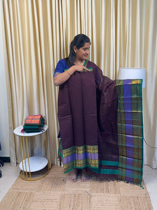 Fusion kanchi cotton bigborder-Roasted plum and green