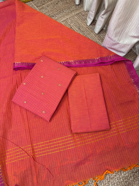 Kandangi check -South cotton 3 piece set- orangish pink