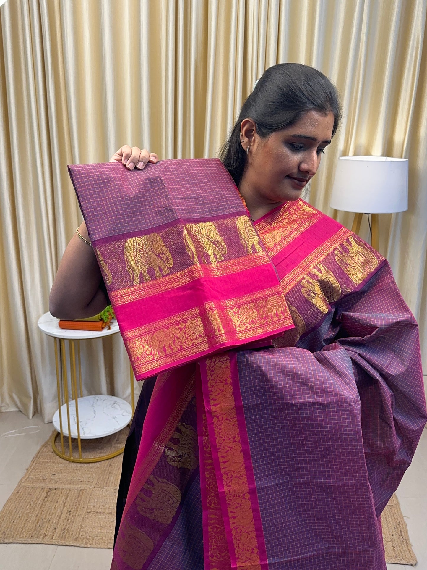 Vintage dual purple elephant checks Chettinad cotton