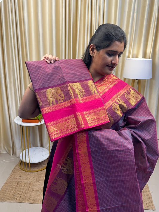 Vintage dual purple elephant checks Chettinad cotton