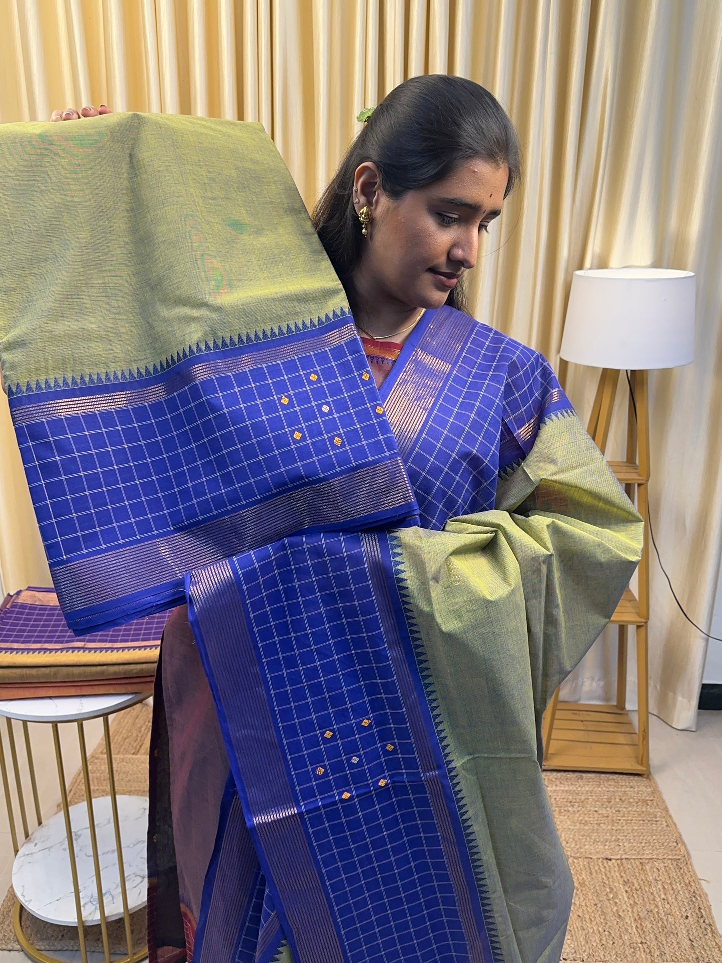 Dual green with blue Chettinad checked border