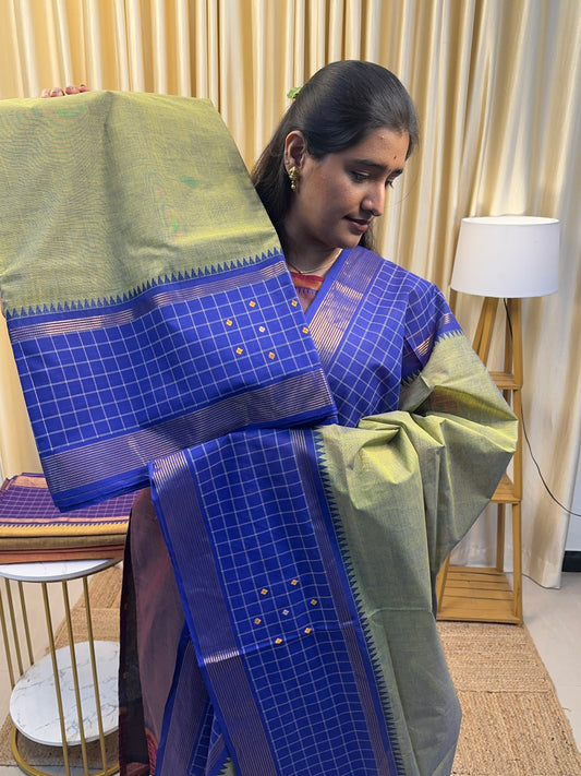 Dual green with blue Chettinad checked border