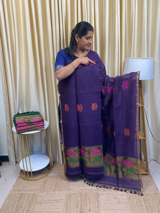 Linen Paithani Jamdhani Lotus [Handwork]- violet