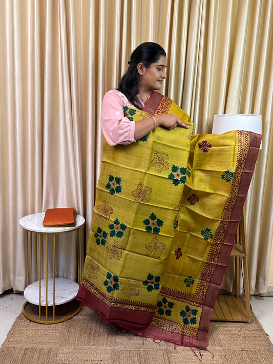 Pure handloom Tussar silk hand block printed dress material-TSB 13
