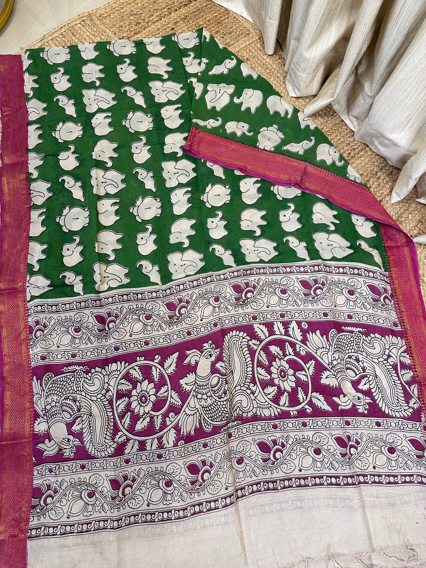 Chennuri silk Kalamkari duppata Elephant - Green