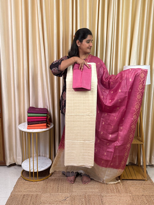 Katan silk by cotton blend 3 piece set-Beige and pink