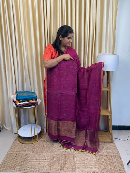 ZARA Arali Rose Linen Jamdhani [handwork ] - Beetroot