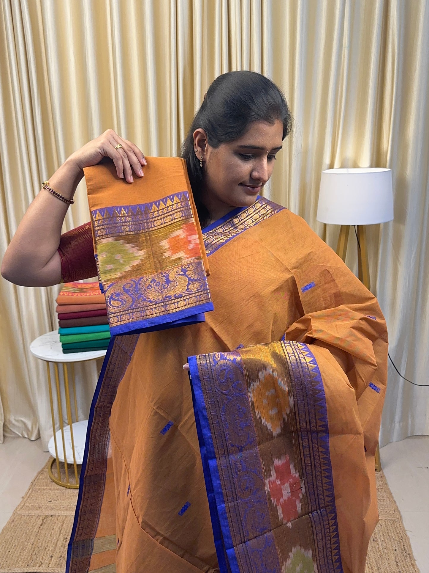 Dual Mustard with blue Pochampalli border kanchi cotton