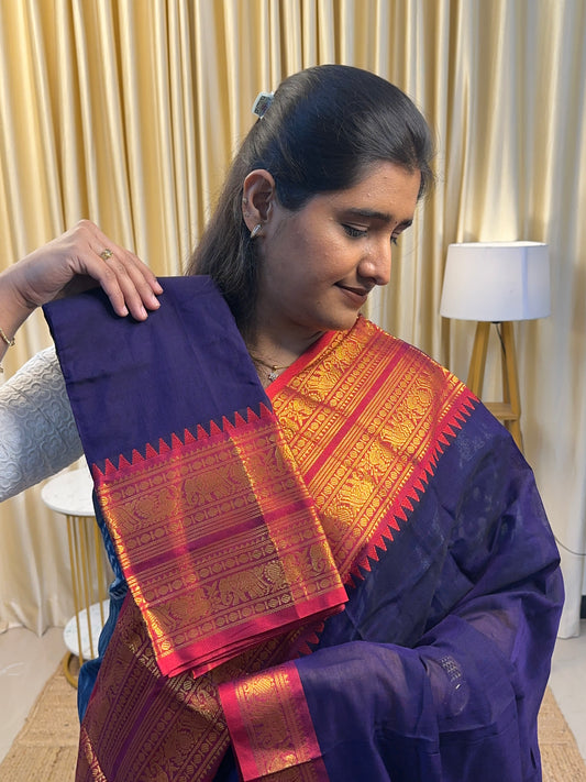 Indigo and pink Kanchi border Narayanapet  -[2 piece set ]