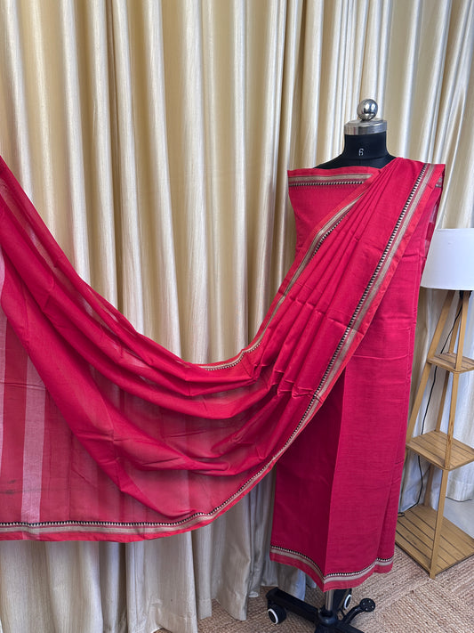 Narayanpet  small border Dress material (4.5m Top) Red -Nila 12