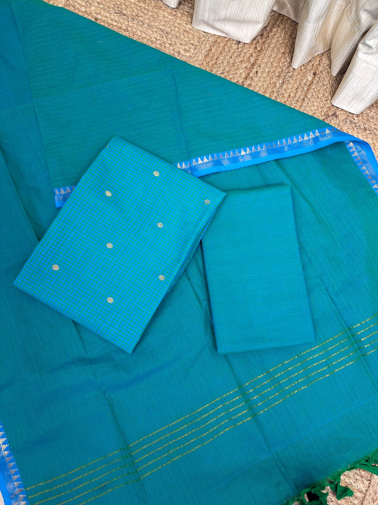 Kandangi check -South cotton 3 piece set- Blue