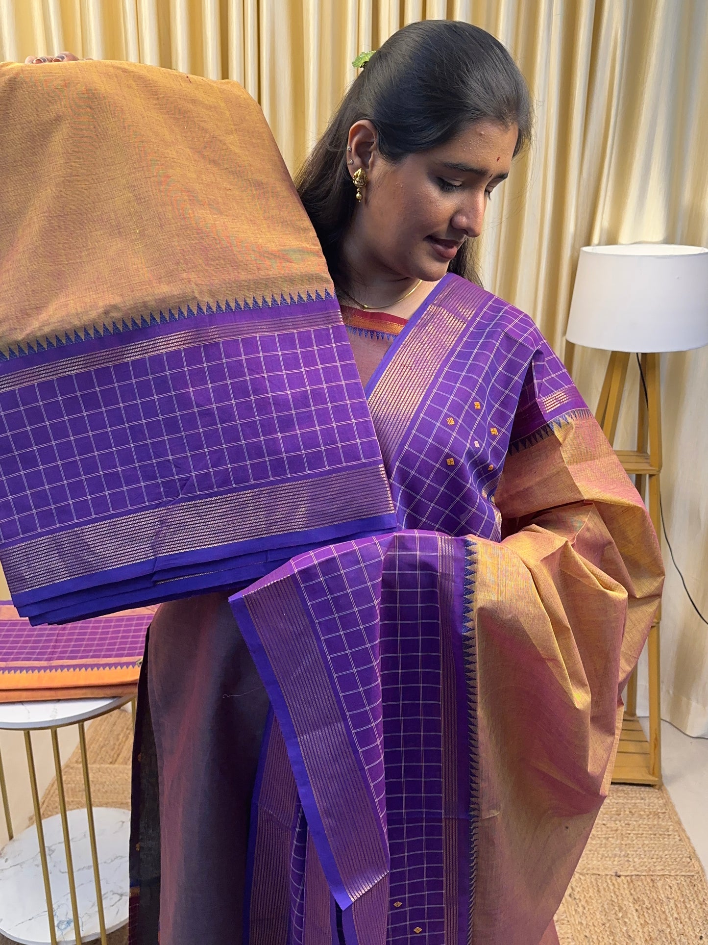 Dual yellow and violet Chettinad checked border